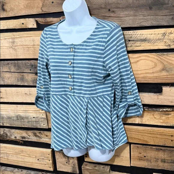 Soft Surroundings Preston Stripe Top Size XS Roll Tab Sleeves Wrap Peplum - Picture 4 of 7